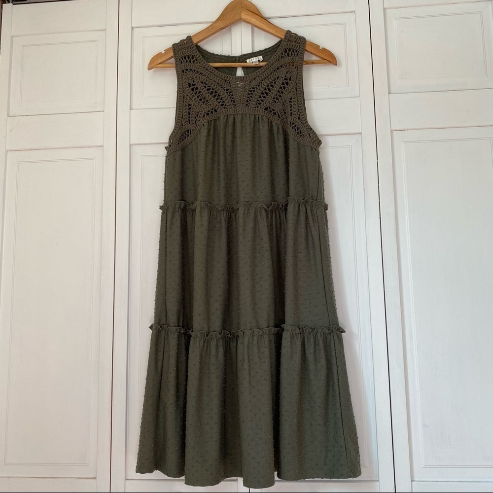 Spense Swiss Dot Tiered Midi Dress with Macrame Yoke Button Closure EUC Size: M - Picture 1 of 7